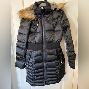 Laundry Puffer Coat Women’s Medium Black Shiny Faux Fur Hood Knee Length Winter
